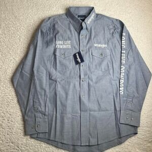 NWT Vintage wrangler men's blue "Long live cowboys"‎ button up shirt western L